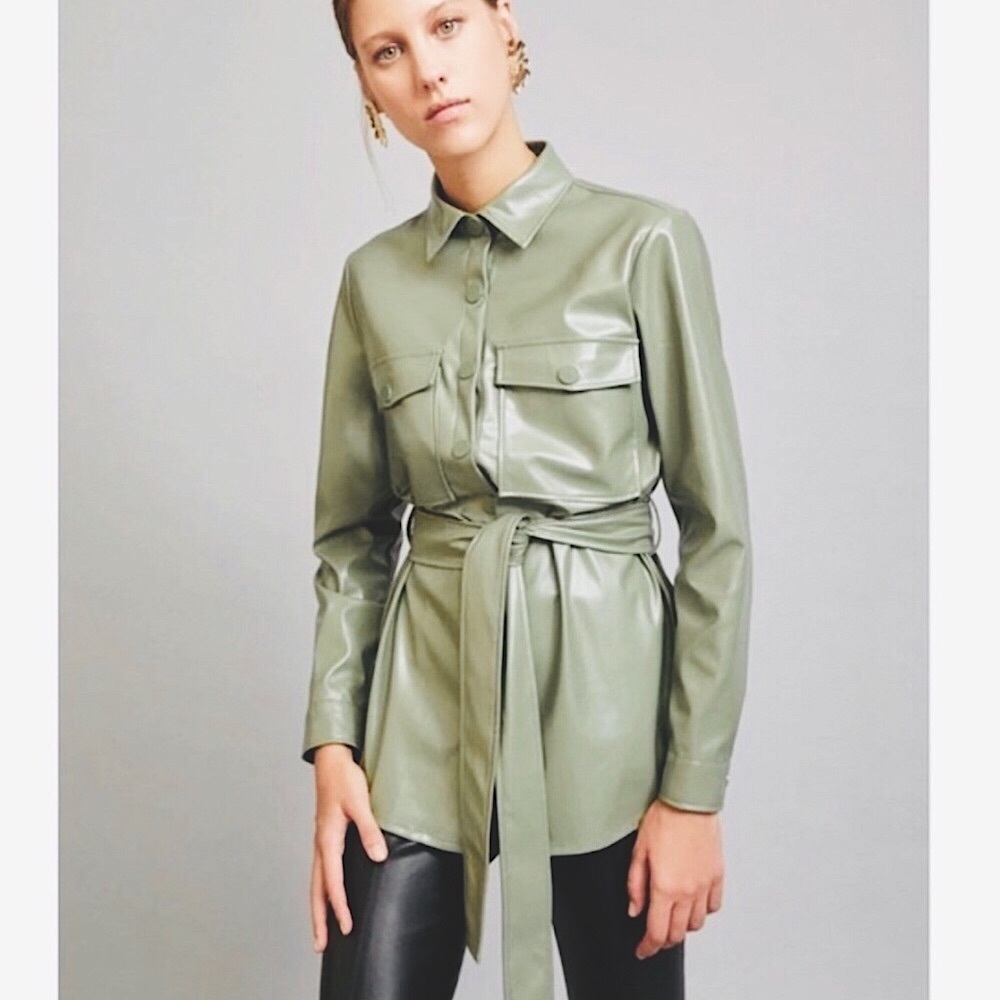 New Flap Pocket Front Belted Faux Leather Jacket/Shacket Size Small